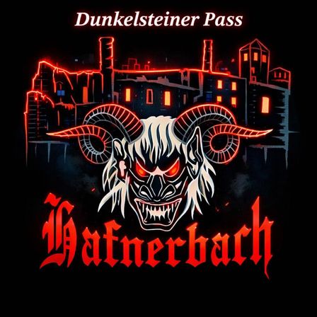 Eine Illustration mit einem dämonischen Widder vor einer dunklen Burg mit der Aufschrift 'Dunkelsteiner Pass'. Der Widder hat glühende rote Augen und Hörner, unter ihm steht 'Gafnerbach'.