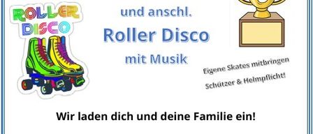 Poster for a children's roller skating event on August 30, 2026, featuring a trophy, roller skates, and a mascot. The event includes prizes for the top three, certificates for all participants, and an ice cream cone offer.