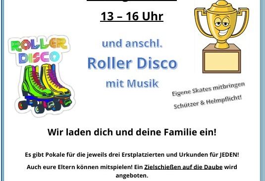 Poster for a children's roller skating event on August 30, 2026, featuring a trophy, roller skates, and a mascot. The event includes prizes for the top three, certificates for all participants, and an ice cream cone offer.