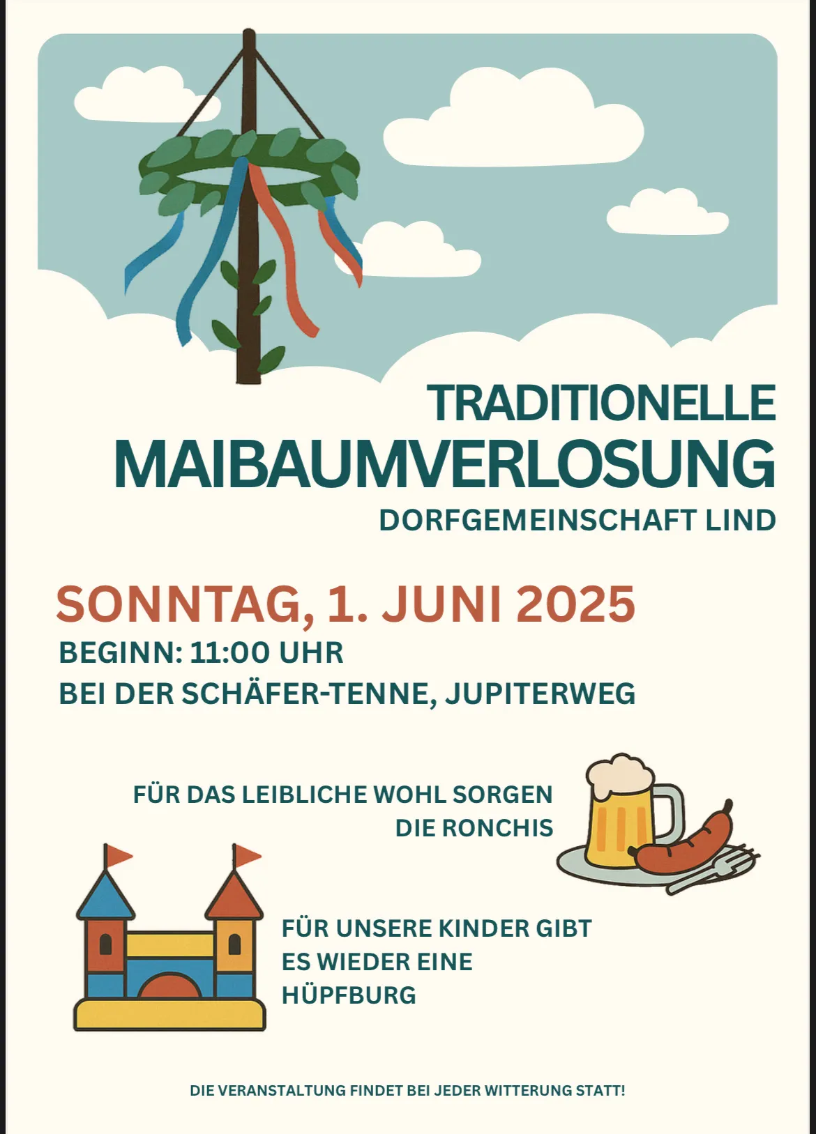Plakat für die traditionelle Maibaumverlosung in der Dorfgemeinschaft Lind. Datum: Sonntag, 1. Juni 2025. Beginn: 11:00 Uhr bei der Schäfer-Tenn, Jupiterweg. Mit Bierkrug und Wurst sowie einer Hüpfburg für Kinder.