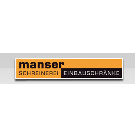 The image displays a logo for 'Manser Schreinerei', a carpentry company, with a tagline 'Einbauschranke', meaning 'Built-in Cabinets' in English. The logo is orange and black.