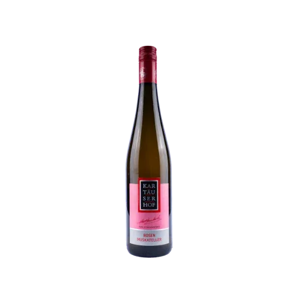 Eine Flasche Wein mit rotem Verschluss, beschriftet mit 'Kar Tau Ser Hof Rosen Muskatelle' auf schwarzem Hintergrund.