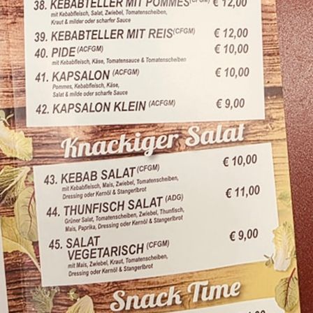 Das Menü umfasst Kebab-Platter, Salate und Thunfischsalat. Die Preise liegen zwischen 9,00€ und 12,00€. Optionen umfassen verschiedene Dressings und Saucen.
