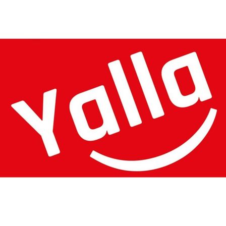 Das Logo von Yalla, auf rotem Hintergrund mit einem weißen Smiley-Gesicht im Buchstaben 'Y'.