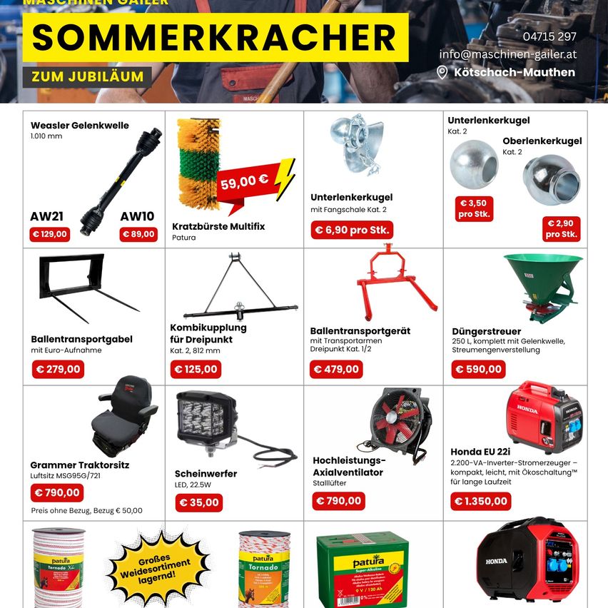 Werbeanzeige für den Sommerverkauf von Maschinen Gailer mit verschiedenen aufgelisteten Produkten, einschließlich Achsgelenke, Anhänger, Sitz, Scheinwerfer, Ventilator und Generator. Jedes Element hat einen Preis und eine kurze Beschreibung.
