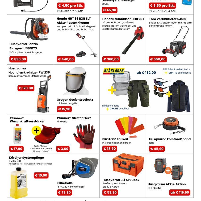 Werbung für verschiedene Werkzeuge und Ausrüstung. Es enthält einen Husqvarna Benzin-Laubbläser, Honda-Motorsensen, einen Toro-Rasenmäher und mehr. Jedes Produkt hat einen Preis und Spezifikationen.