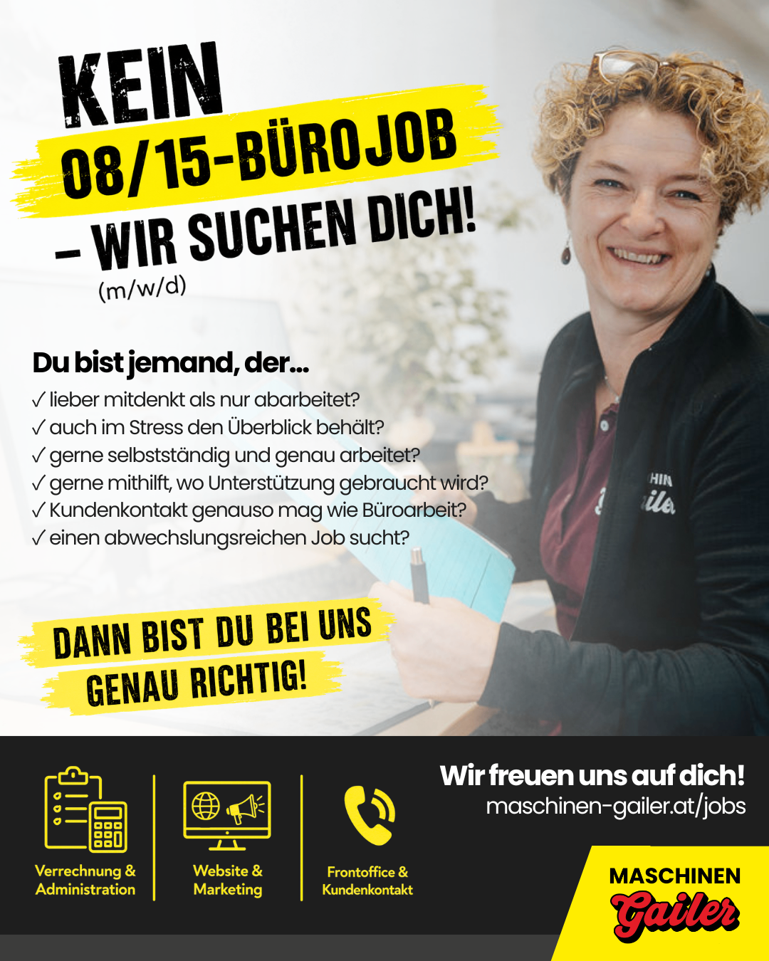 A poster advertising a part-time office job, featuring a smiling woman holding a pen and paper, with text in German inviting applications for a varied job.