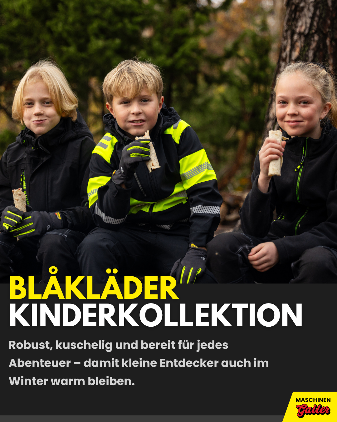 Drei Kinder in leuchtenden Jacken sitzen draußen, lächeln und essen. Der Text 'BLAKLÄDER KINDERKOLLEKTION' ist prominent angezeigt.