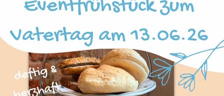 Das Bild zeigt eine Frühstücksplatte mit Brot und Brötchen, vor weißem Hintergrund, mit Text über ein Frühstücksevent am 13. Juni.