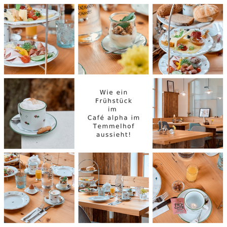 Bilder von Frühstücken und Esstisch-Setups in einem Café, mit verschiedenen Speisen auf Tellern und einer gemütlichen Atmosphäre.