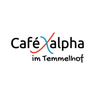 The logo for Cafe Alpha, located in Temmelhof, features the name 'Cafe Alpha' with a stylized 'X' symbol in red and blue.