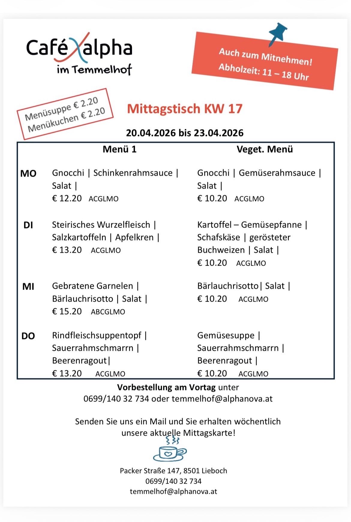 Menu for the week of April 20, 2026, to April 23, 2026. Various dishes with prices and vegetarian option. Reservation required.