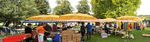 Ein geschäftiger Outdoor-Markt mit mehreren gelben Sonnenschirmen, Menschen, die herumlaufen, und verschiedenen Ständen auf einem Rasenfeld mit Bäumen im Hintergrund.