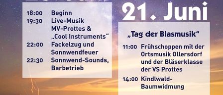 Veranstaltungsposter für Klänge Musikverein Prottes. Termine: 20. und 21. Juni. Beinhaltet Live-Musik, coole Instrumente, Lagerfeuer und Windgeräusche. Ort: Festplatz Prottes. Warme Küche, Grill, Live-Musik.