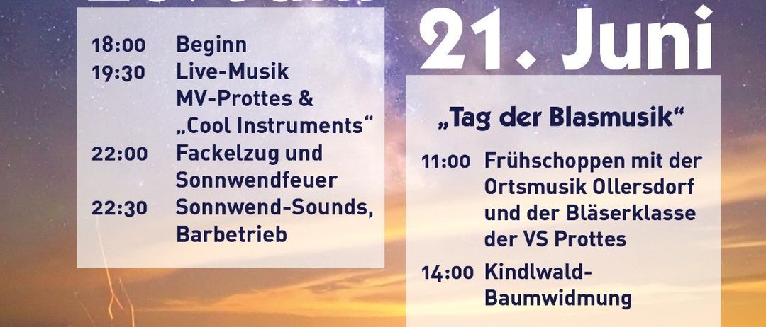 Veranstaltungsposter für Klänge Musikverein Prottes. Termine: 20. und 21. Juni. Beinhaltet Live-Musik, coole Instrumente, Lagerfeuer und Windgeräusche. Ort: Festplatz Prottes. Warme Küche, Grill, Live-Musik.