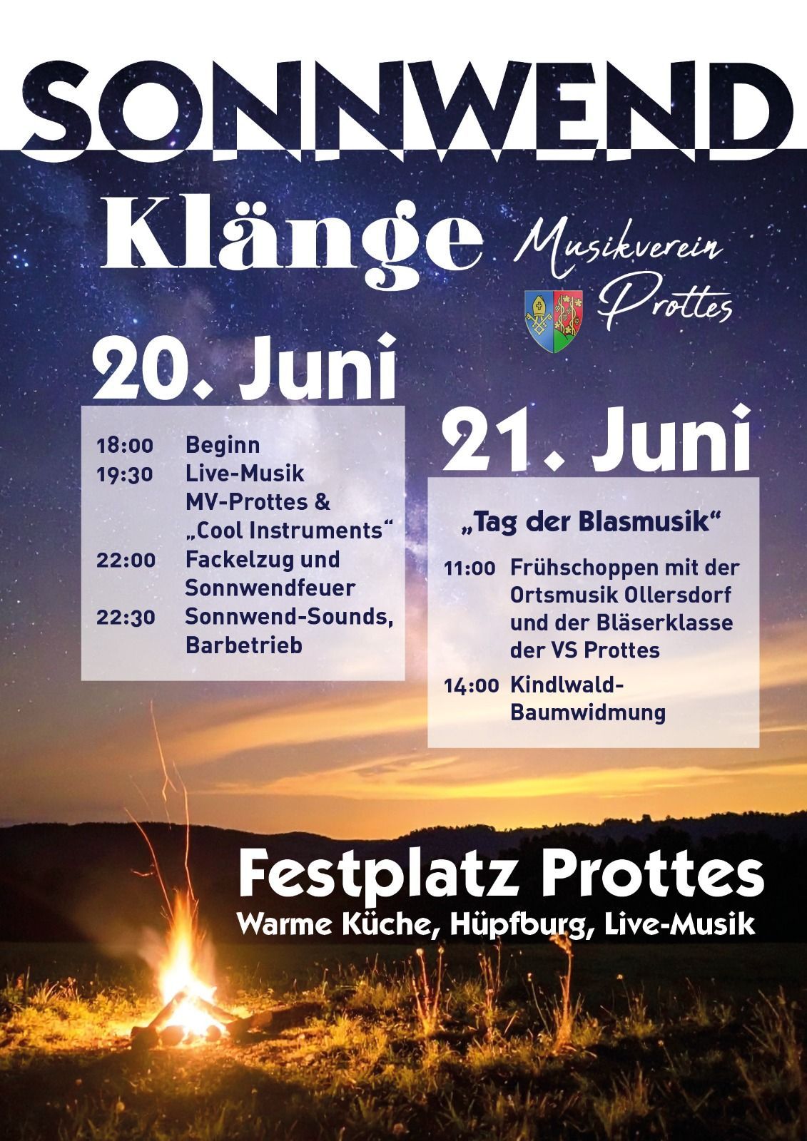 Plakat für Klange Musikverein Prottes-Veranstaltung. Termine: 20. und 21. Juni. Aktivitäten umfassen Live-Musik, Fackelzug, Lagerfeuer und Baumumwicklung.