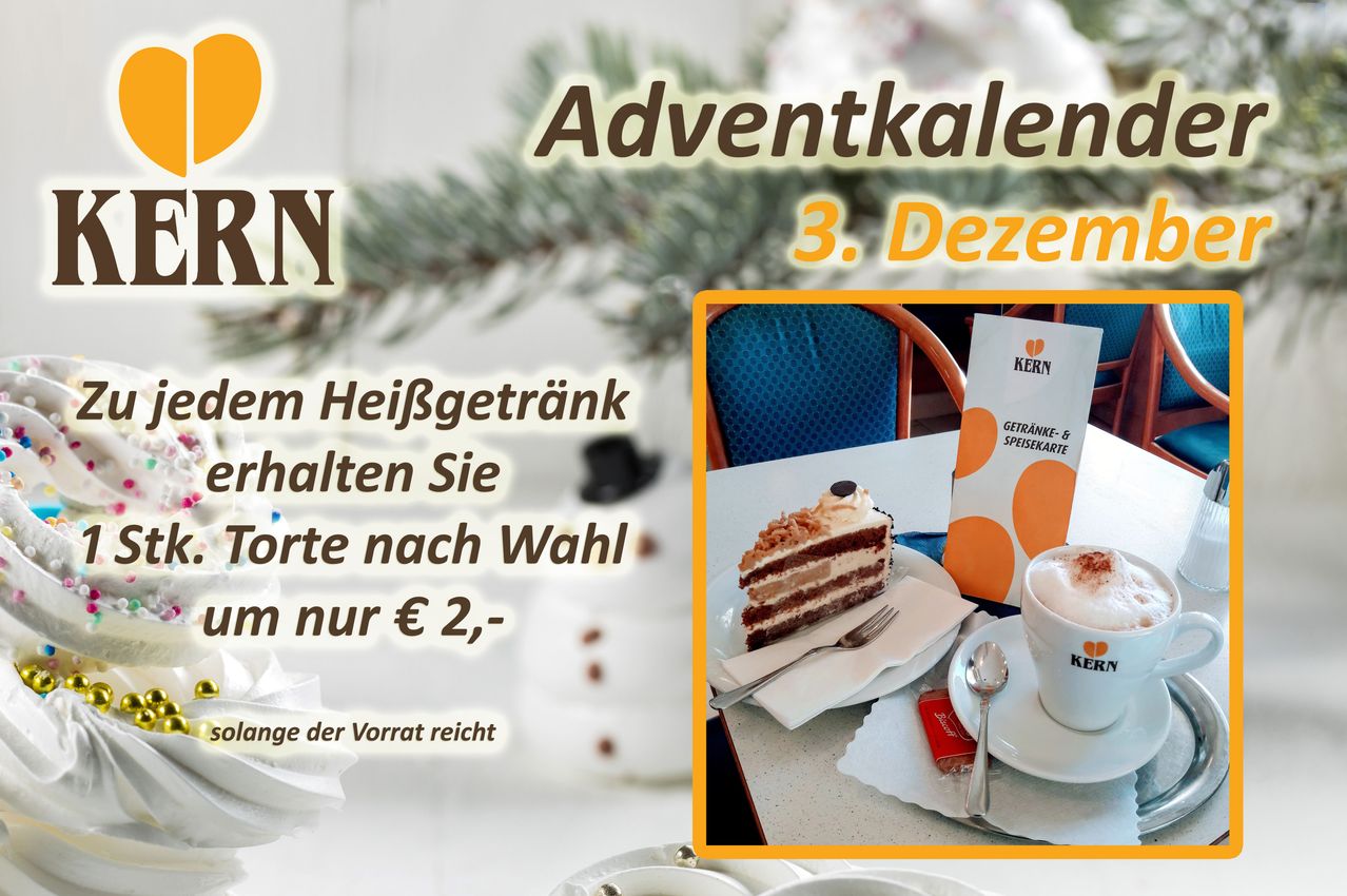 Adventskalender Werbung. Es zeigt eine Kaffeetasse mit einem Dessert auf der Seite und lädt Sie ein, ein heißes Getränk und Kuchen für nur 2 Euro zu genießen.