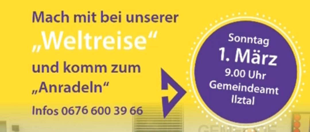 Ein Plakat mit gelbem Hintergrund lädt zur Krebshilfe Steiermark ein. Es zeigt eine Gruppe lächelnder Menschen mit Datum und Uhrzeit der Veranstaltung sowie einer Kontaktnummer.