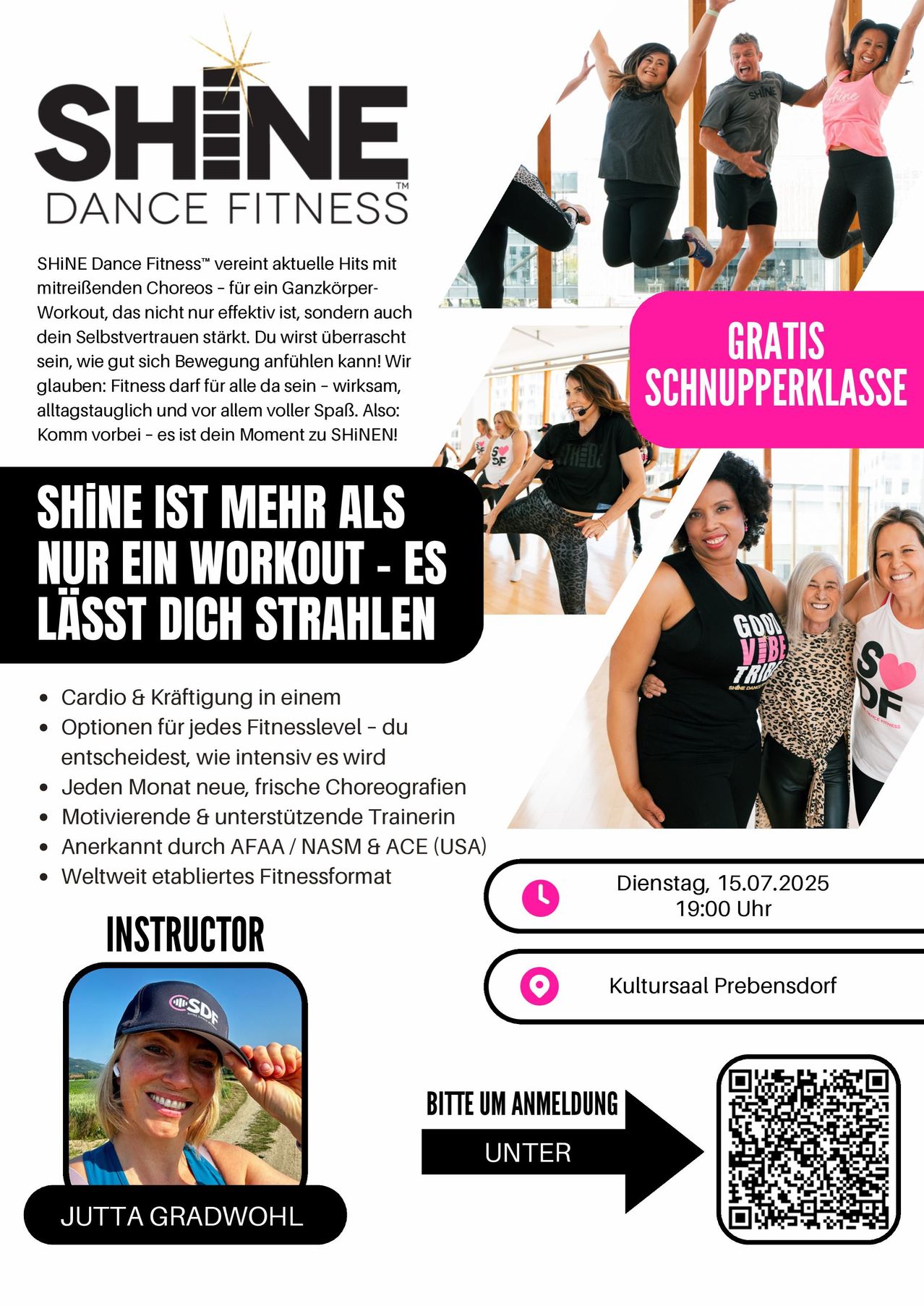 Shine Dance Fitness vereint aktuelle Hits mit mitreißenden Choreografien für ein Ganzkörper-Workout, das nicht nur effektiv ist, sondern auch Spaß macht. Fitness soll für alle zugänglich und unterhaltsam sein. Dienstag, 15.07.2025, 19:00 Uhr, Kultursaal Prebensdorf.