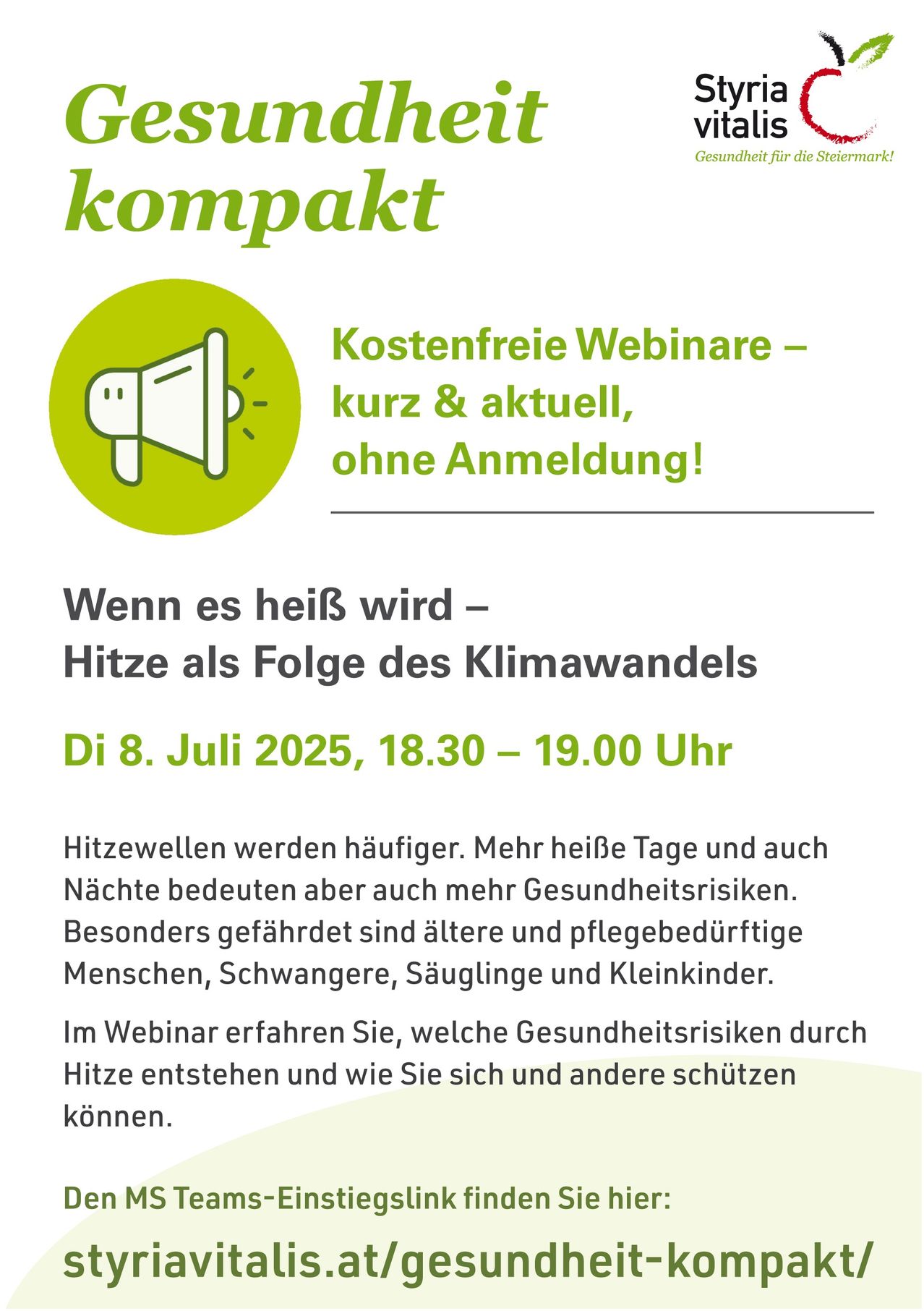 Eine Anzeige für ein kostenloses Webinar über Hitzewellen und ihre gesundheitlichen Risiken, geplant für den 8. Juli 2025, von 18:30 bis 19:00 Uhr. Das Webinar betont die zunehmende Häufigkeit von Hitzewellen und die damit verbundenen Gesundheitsrisiken, insbesondere für gefährdete Gruppen.
