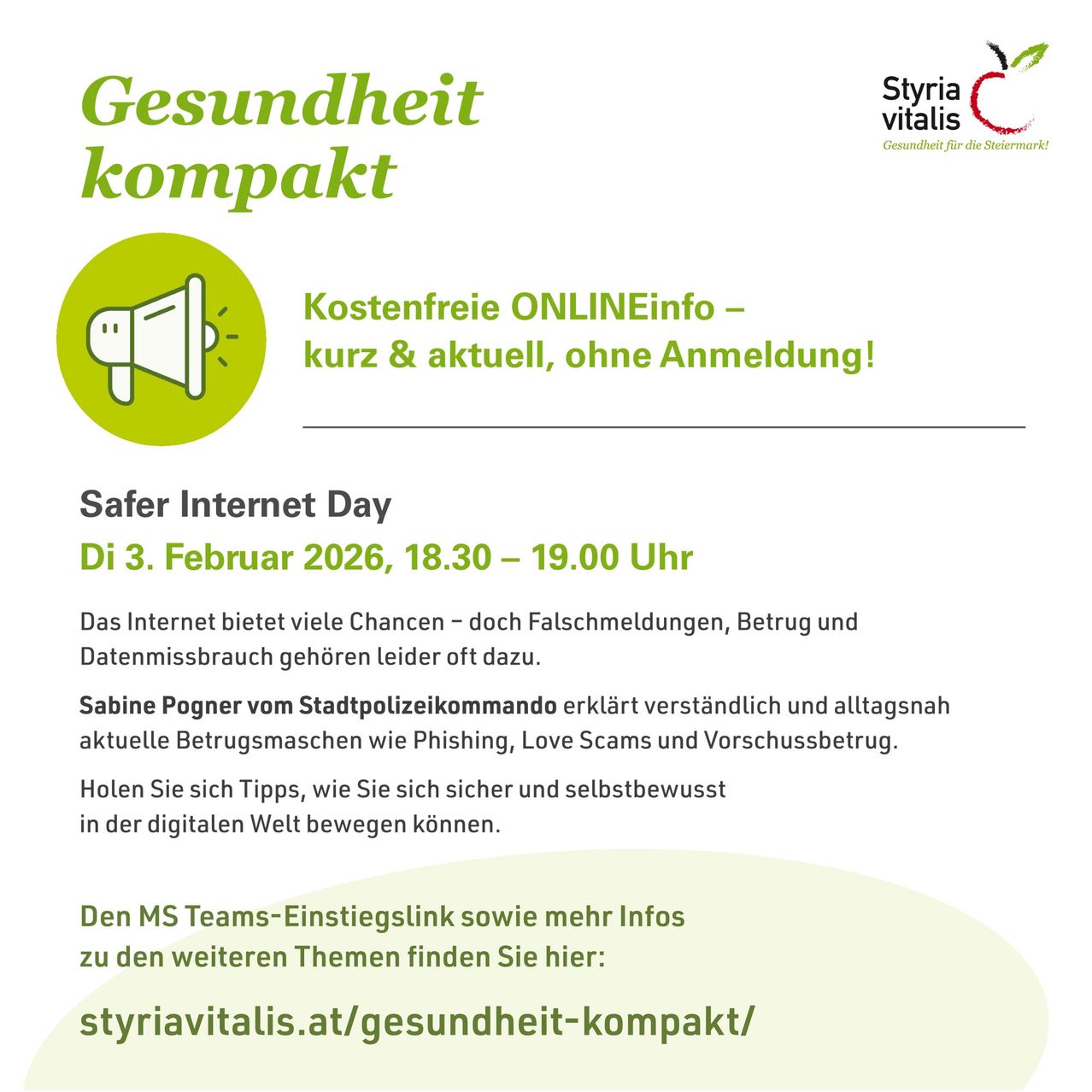 Poster für Safer Internet Day-Veranstaltung am 3. Februar 2026, von 18:30 bis 19:00 Uhr. Es zeigt ein Megafon-Symbol und einen Link zu weiteren Informationen.