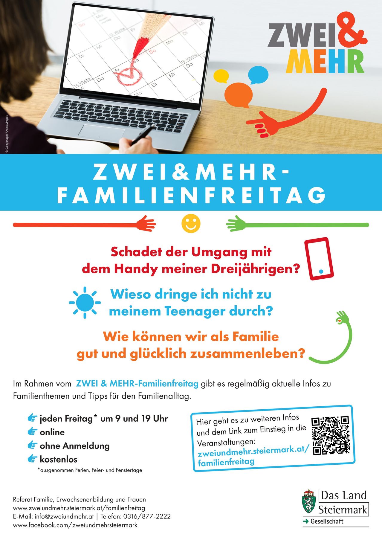 An advertisement for Zwei&Mehr Family Day offers information and tips for family life, focusing on themes like smartphone usage and teenage challenges. It highlights regular updates on Fridays at 9 AM and 7 PM, available online without registration.