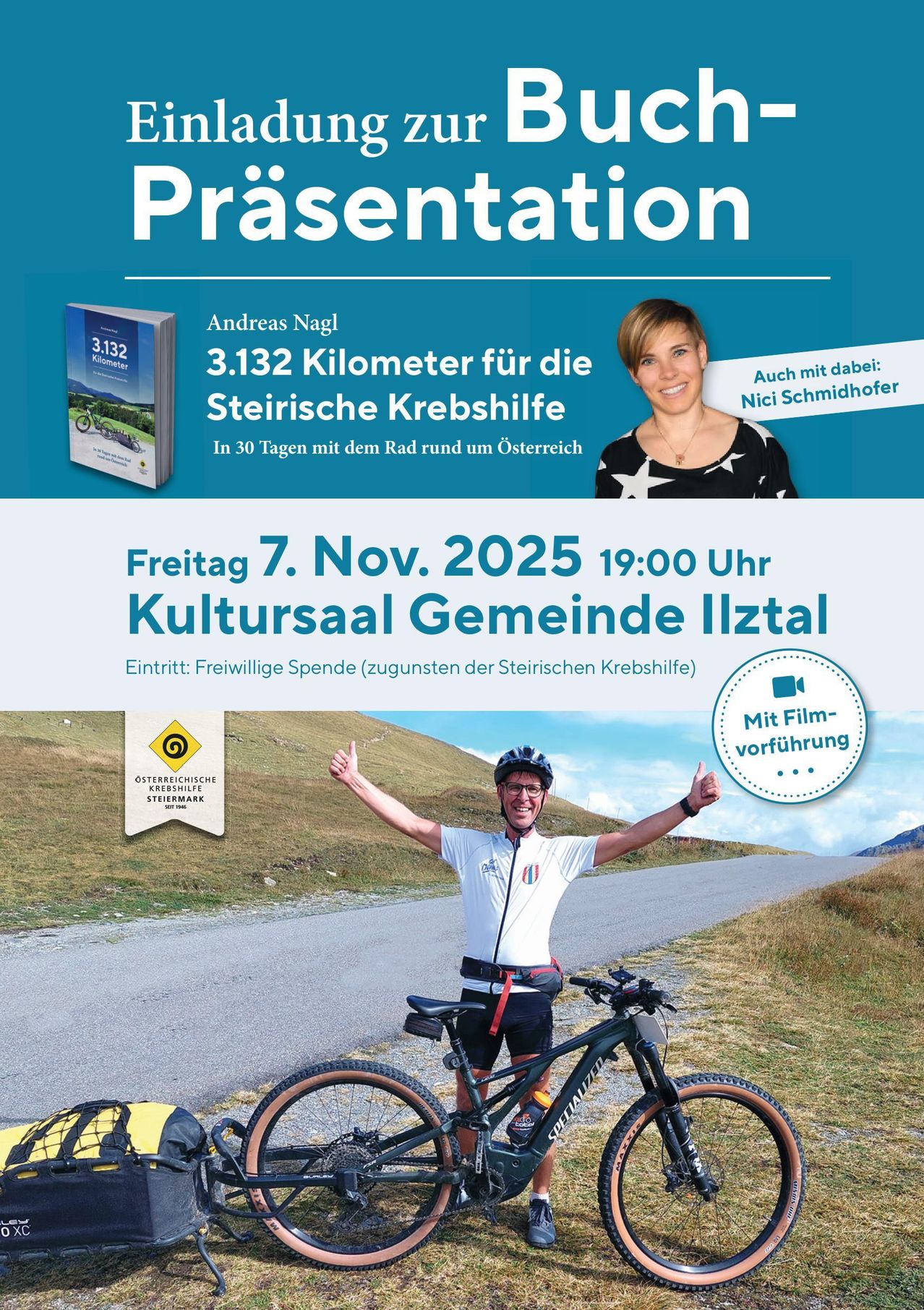 A presentation poster featuring a man on a bicycle, a woman, and a book. The event is on Nov 7, 2025, at 19:00 in Kultursaal Gemeinde Ilztal.