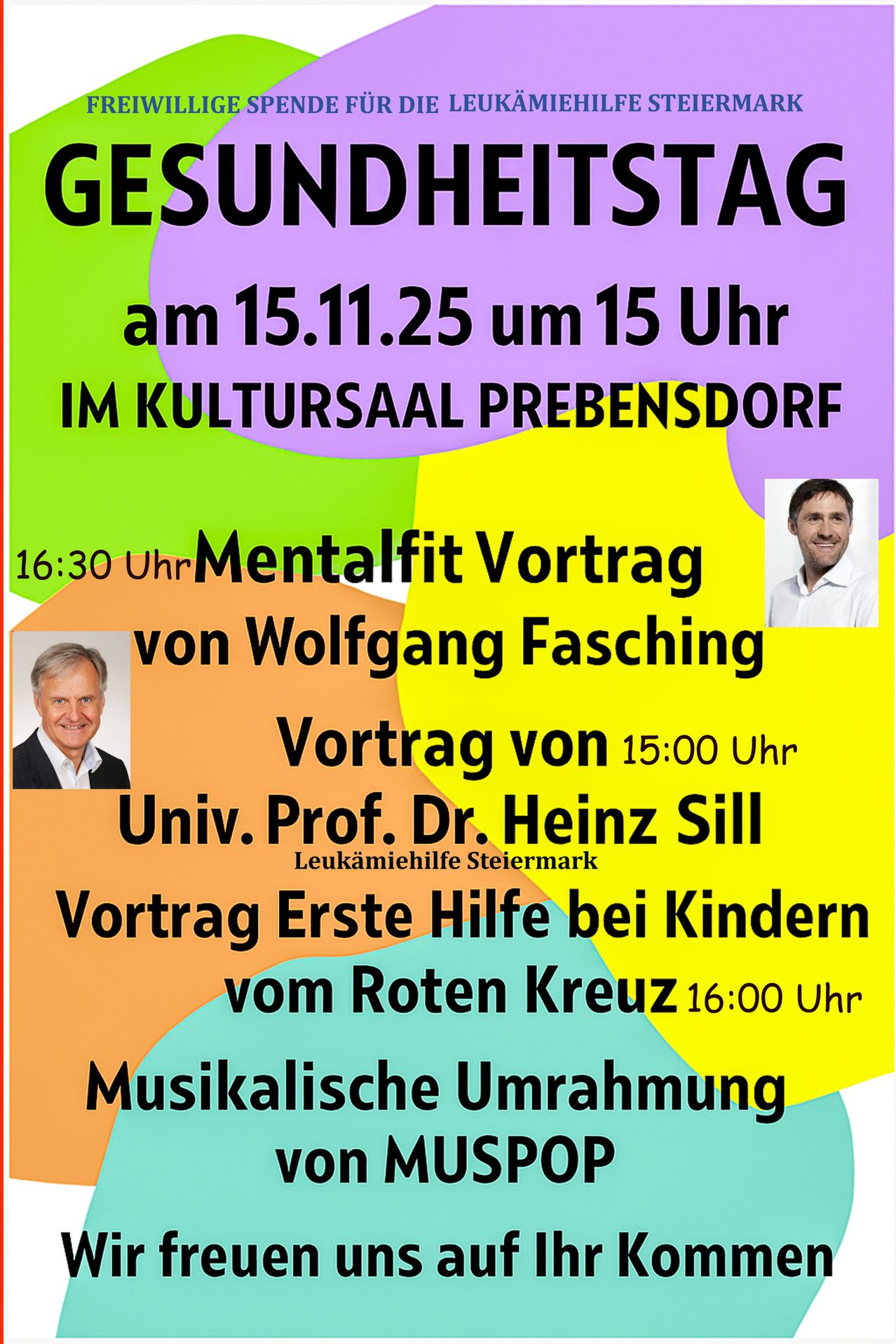 Poster for an event on 15.11.25 at 3 PM in Prebendorf Cultural Hall. Includes a mental fitness lecture by Wolfgang Fasching, a talk by Univ. Prof. Dr. Heinz Sill, a first aid lecture for children by the Red Cross, and a musical setting.
