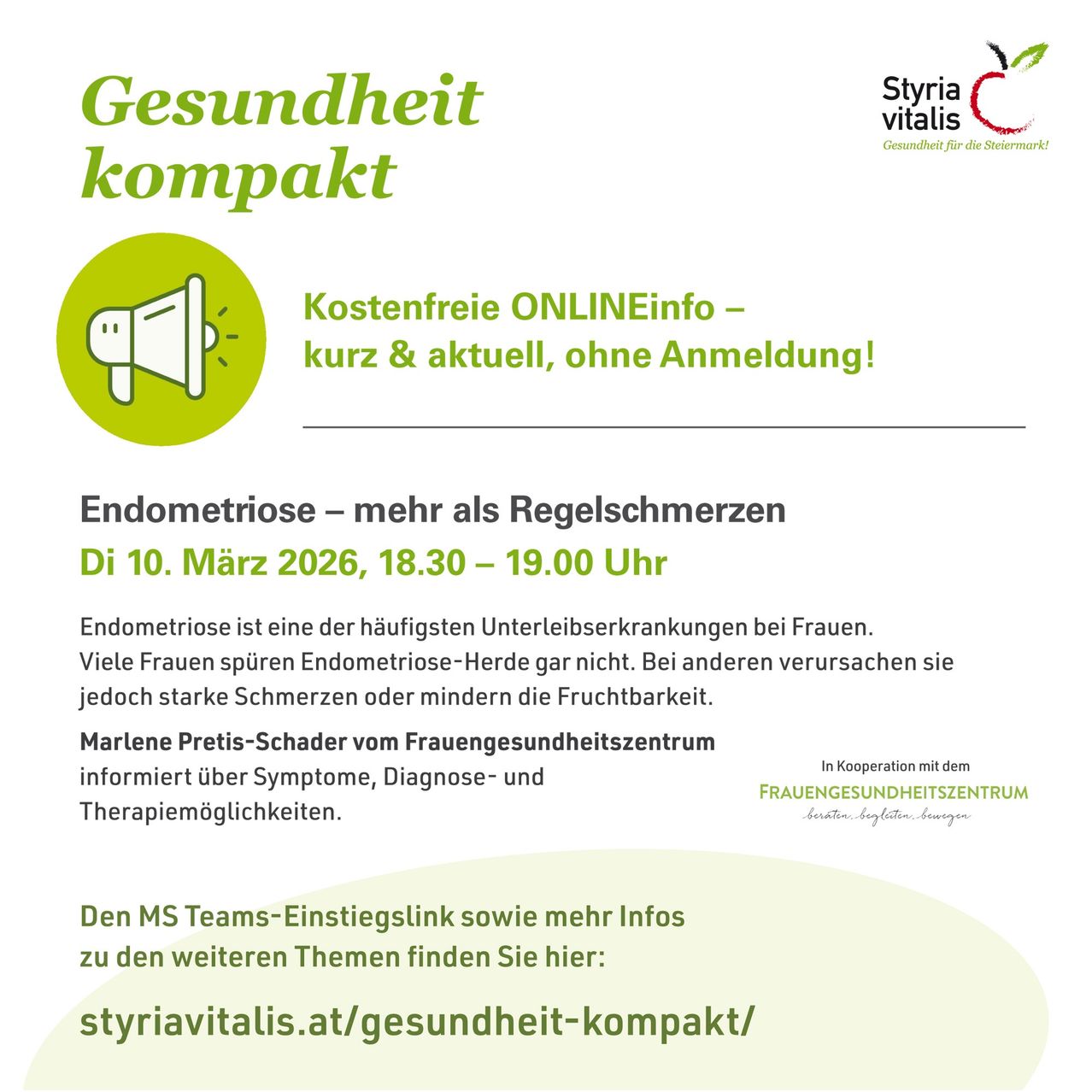 The image features a health compact announcement for an online event about endometriosis. The event is scheduled for March 10, 2026, from 18:30 to 19:00. Marlene Pretis-Schader from the Women's Health Center will discuss symptoms, diagnosis, and treatment options. It's free and open to all.