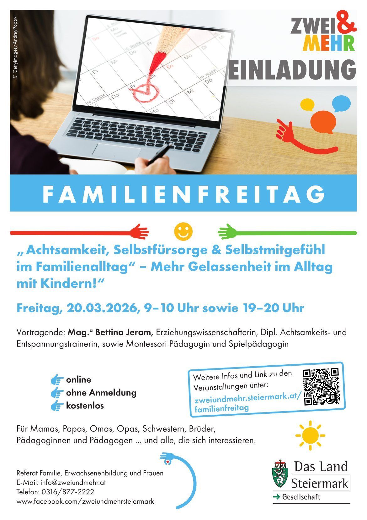 Eine Werbung für einen Familientag. Es zeigt einen Laptop, einen Kalender und eine Hand mit einem Stift. Die Veranstaltung findet am Freitag, 20.03.2026, von 9-10 Uhr und 19-20 Uhr statt.