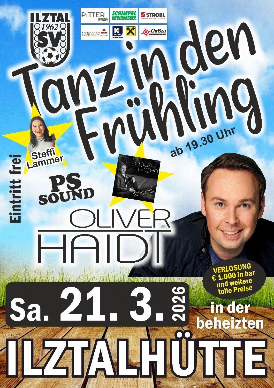 Plakat für eine Veranstaltung mit Oliver Haidt, mit einem Foto von ihm lächelnd. Es zeigt auch eine Frau namens Steffi Lämmer und einen Hinweis auf ein Buch von Claus Jürgen. Die Veranstaltung ist ein Tanz in Fruehling am Samstag, 21. März 2026.