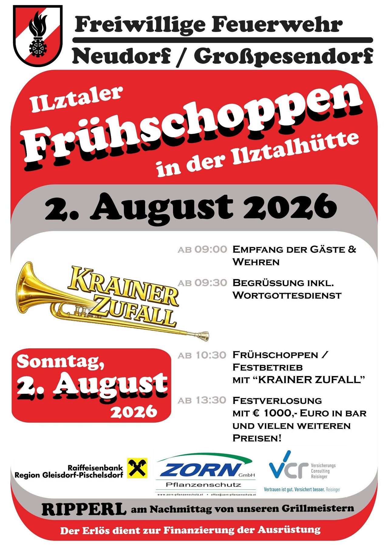 Plakat für die Ilztaler Fruhschoppn-Veranstaltung am 2. August 2026 mit einer Trompete und der Band 'Krainer Zufall'. Das Programm umfasst Gästeempfang, einen Wortgottesdienst und eine Preisverleihung.