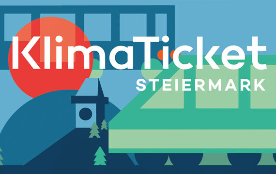 Eine Illustration mit den Worten KlimaTicket STEIERMARK, einer stilisierten Sonne, einem Gebäude und einem grünen Zug. Der Hintergrund ist ein Farbverlauf von Blau und Grün.