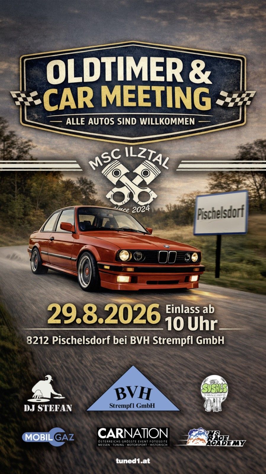 Plakat für MSC Iltztal Auto-Event am 29. August 2026 mit einem roten BMW auf der Straße und einem Schild für Pischelsdorf.