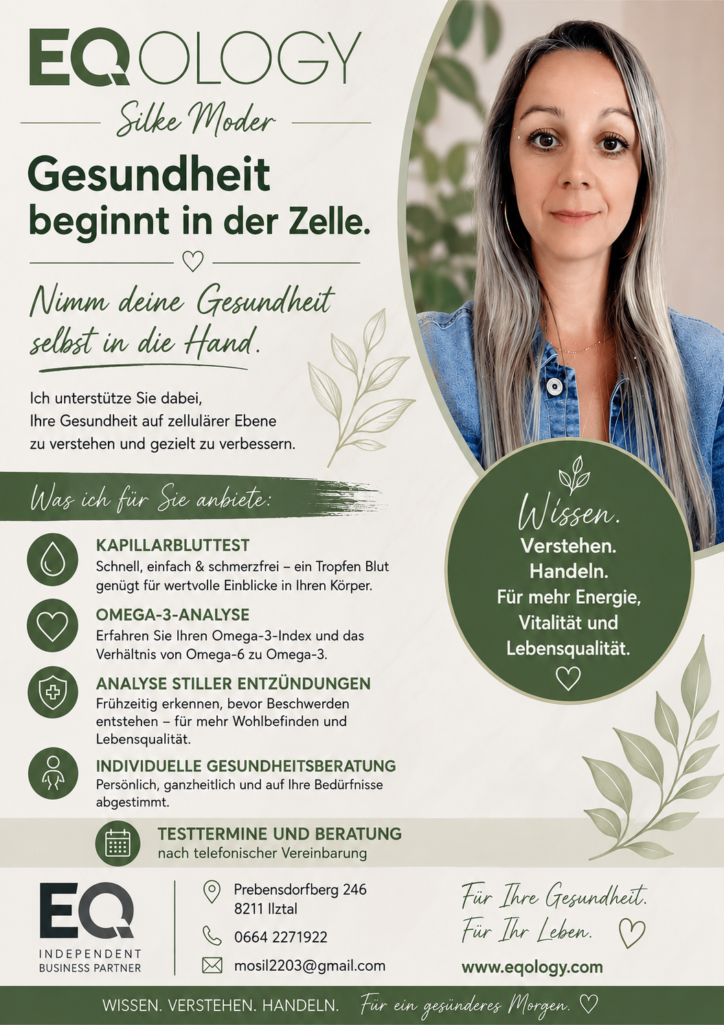 Ein Poster mit einer Frau und Text über zelluläre Gesundheit, mit Dienstleistungen wie Kapillarbluttest, Omega-3-Analyse, Entzündungshemmende Analyse und persönliche Gesundheitsberatung. Das Poster hat ein grünes und weißes Farbschema mit Blatt- und Herzsymbolen.