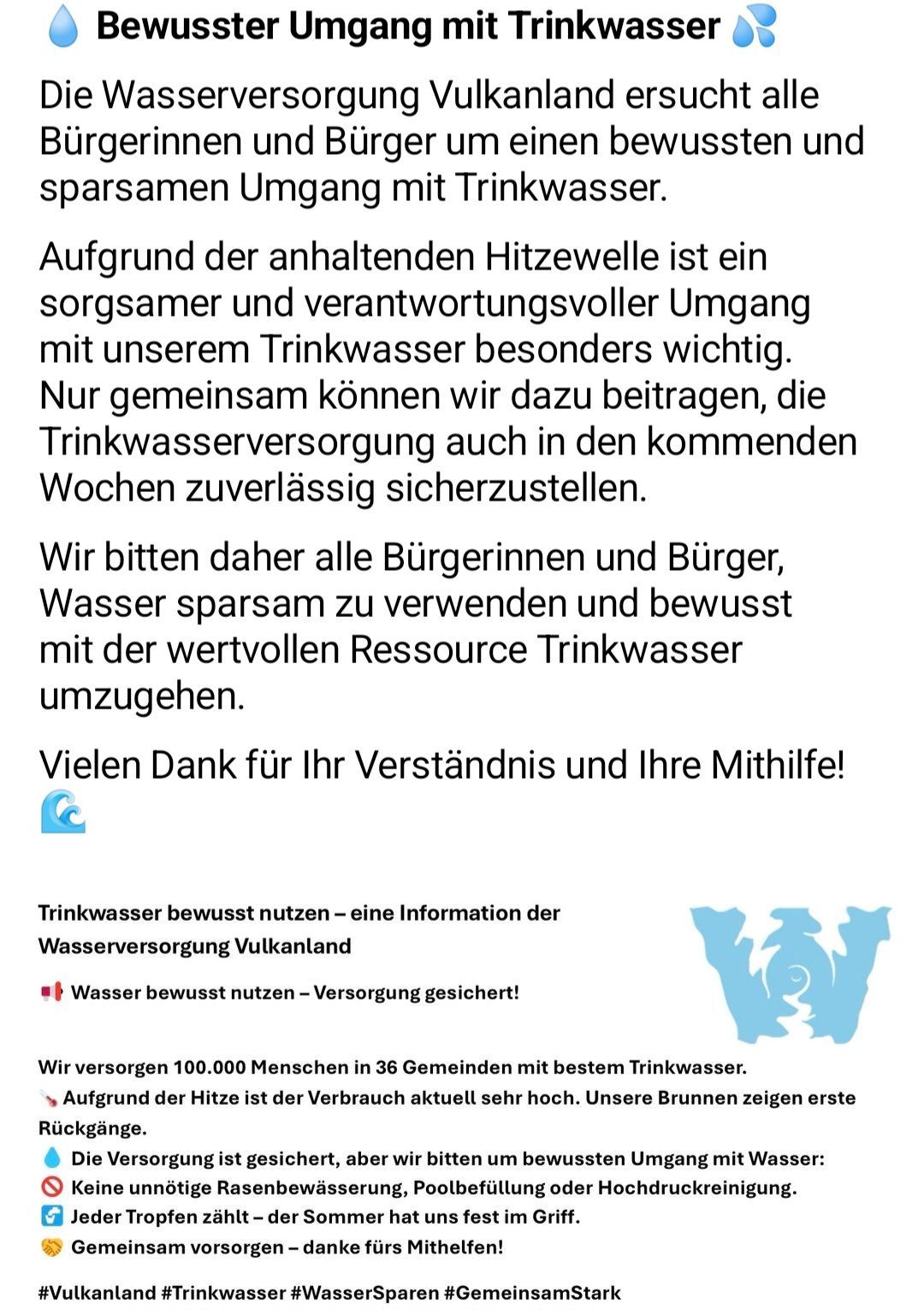 Ein Infografik mit einem blauen Spiraldesign und Text über Wassereinsparung. Es betont die Bedeutung eines verantwortungsvollen Wasserverbrauchs aufgrund der anhaltenden Hitzewelle und ermutigt die Bürger, Wasser bewusst zu verwenden.