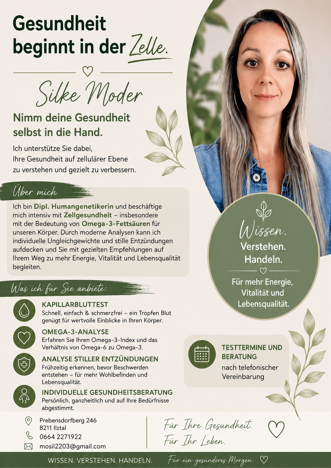 A woman with gray hair and a denim jacket is smiling at the camera. The image features text in German about health support, omega-3 analysis, and individual health consultations. It includes a logo with the text 'Wissen Verstehen Handeln' and icons representing different health services.