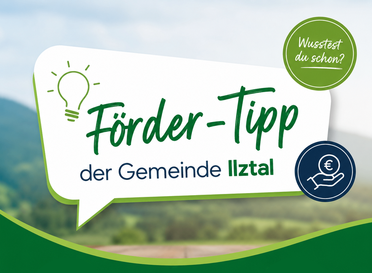 A green and white poster with a lightbulb icon and the text 'Forder-Tipp der Gemeinde Iltztal' in green. The poster has a speech bubble on the left and a green circle with the text 'Wuss du sch' on the right. The background is a blurry green field.