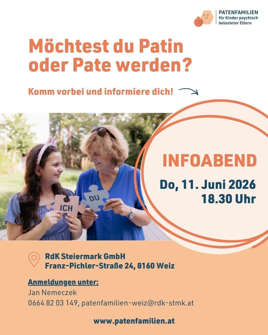 Einladung zum Infoabend am 11. Juni 2026 um 18:30 Uhr, mit einer Frau und einem Mädchen, die Puzzleteile halten. Ort: RdK Steiermark GmbH, Franz-Pichler-Straße 24, 8160 Weiz. Kontakt: Jan Nemeczek.