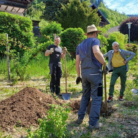 Drei Männer sind in einem Garten und arbeiten. Einer gräbt mit einer Schaufel, ein anderer hält eine Schaufel und der dritte beobachtet. Ein Haufen Erde ist in der Nähe.