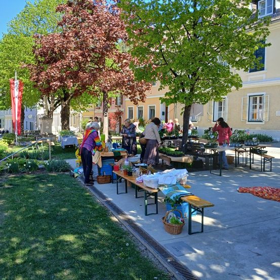Ein Gartenmarkt ist in einem Park aufgebaut. Mehrere Menschen kaufen von Pflanzentischen ein. Im Hintergrund befinden sich Gebäude und Bäume.