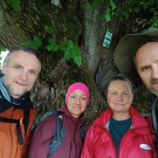 Vier Personen lächeln für ein Foto vor einem großen Baum, wobei eine Frau einen pinkfarbenen Haarreif trägt.