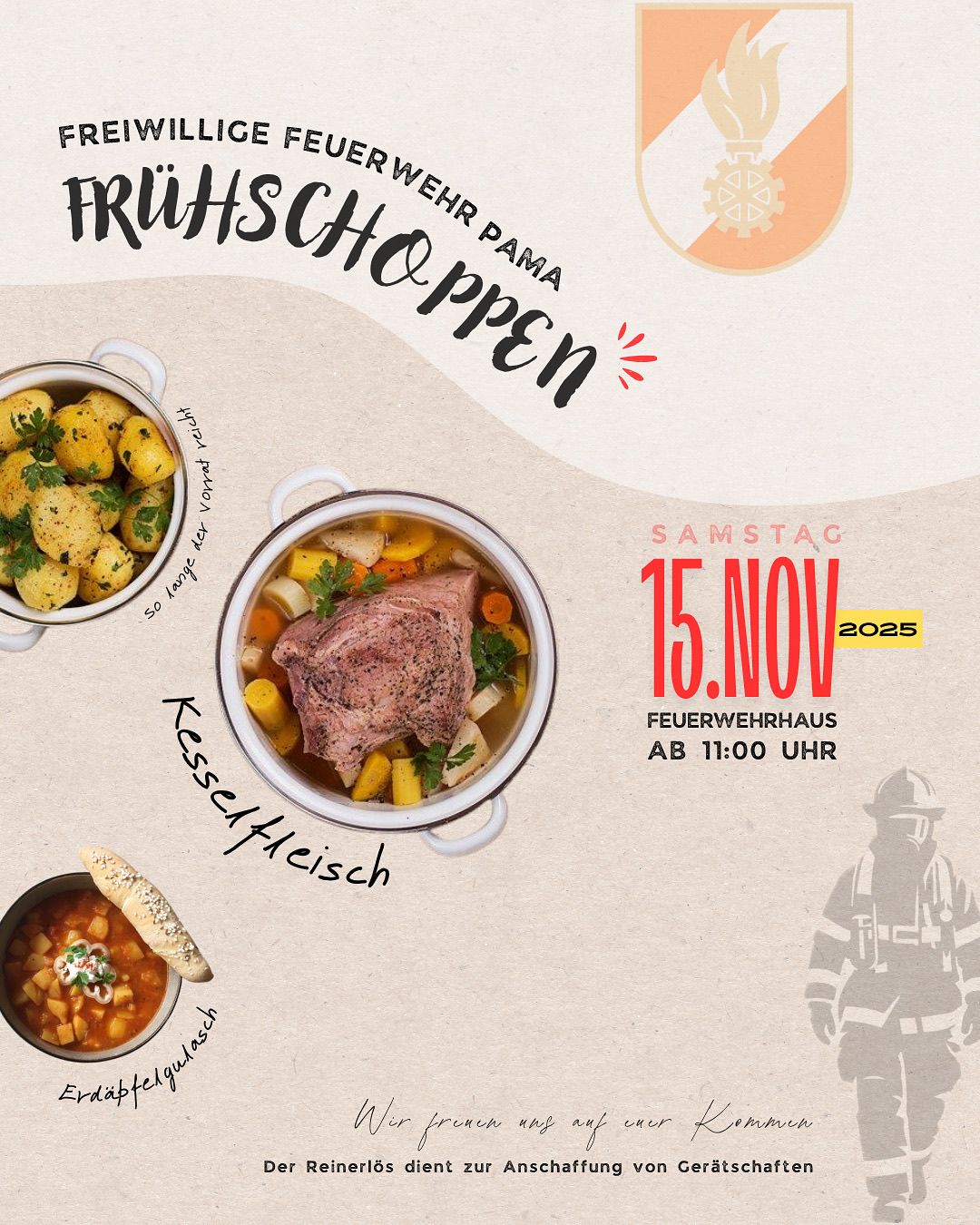 Plakat für eine Essensveranstaltung bei der Feuerwehr am 15. November 2025. Es zeigt Bilder traditioneller deutscher Gerichte wie Kartoffelsuppe und Braten mit Gemüse.