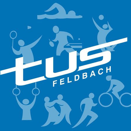Ein blaues Poster mit dem weißen Logo 'tus feldbach' und verschiedenen Sportaktivitäten, darunter Tennis, Gymnastik und Radfahren. Das Design ist schlicht und modern.