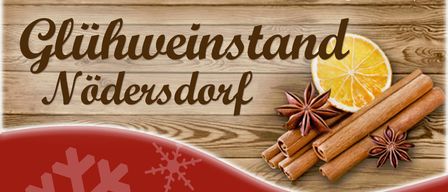 Ein Plakat für Nöders Dorf mit rotem Hintergrund, das Zimtstangen, Sternanis und eine Orangenscheibe zeigt. Es erwähnt eine Veranstaltung am Samstag, den 27. Dezember 2025, ab 16 Uhr im Dorfgemeinschaftshaus. Es beinhaltet Getränke wie Glühwein, Punsch und Kinderpunsch sowie Speisen wie Frankfurter, Debreziner und Schmalzbrote.