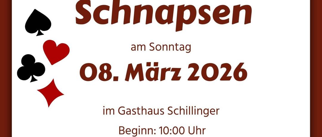 Plakat für Zankerl Schnapps-Veranstaltung am Sonntag, 08. März 2026, im Gasthaus Schillinger. Beginn um 10:00 Uhr, Kartenpreis: € 6,-. Der Reinerlös dient dem Kauf von FF-Geräten. Verantwortlich: OBI Andreas Hofbauer | 0664/5436821.