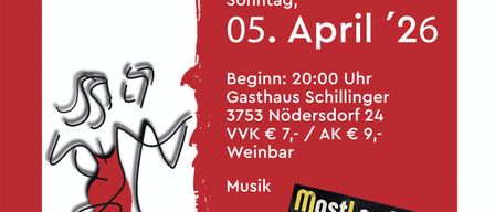 Plakat für den Feuerwehrball am 5. April 2026. Beginn um 20:00 Uhr im Gasthaus Schillinger. Eintritt 7 Euro für Mitglieder und 9 Euro für Nichtmitglieder. Weinbar vorhanden. Musik von MostLandStürmer.
