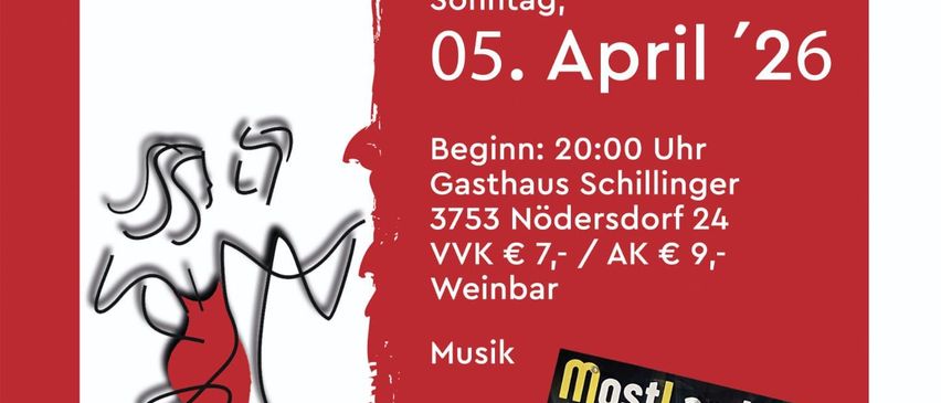 Plakat für den Feuerwehrball am 5. April 2026. Beginn um 20:00 Uhr im Gasthaus Schillinger. Eintritt 7 Euro für Mitglieder und 9 Euro für Nichtmitglieder. Weinbar vorhanden. Musik von MostLandStürmer.