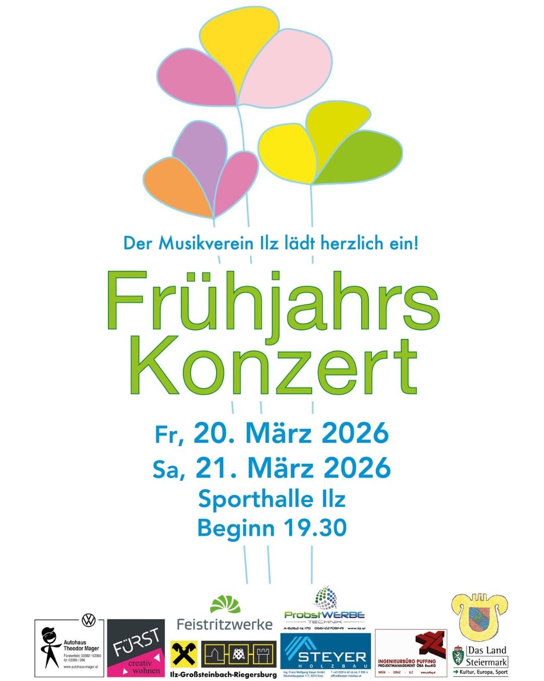 Plakat für das Frühjahrskonzert des Musikvereins Illz, am Freitag, 20. März 2026, um 19.30 Uhr, und Samstag, 21. März 2026, in der Sporthalle Illz. Bunte Luftballons und Blumen schmücken das Plakat.