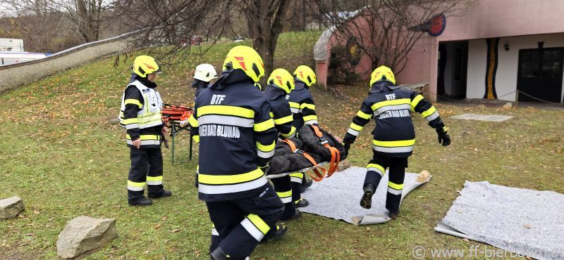 Eine Gruppe von Feuerwehrleuten trägt eine verletzte Person auf einer Trage auf einem Rasenfeld, mit Gebäuden und Bäumen im Hintergrund.